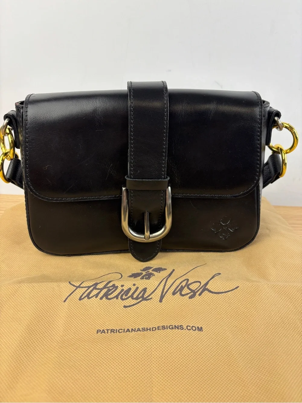 Patricia Nash Black Leather Horseshoe Buckle Shoulder Bag